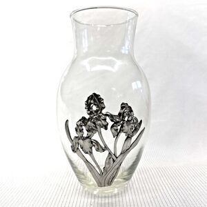 1992 Seagull Iris Pewter Overlay Clear Art Glass Vase Nova Scotia Canada